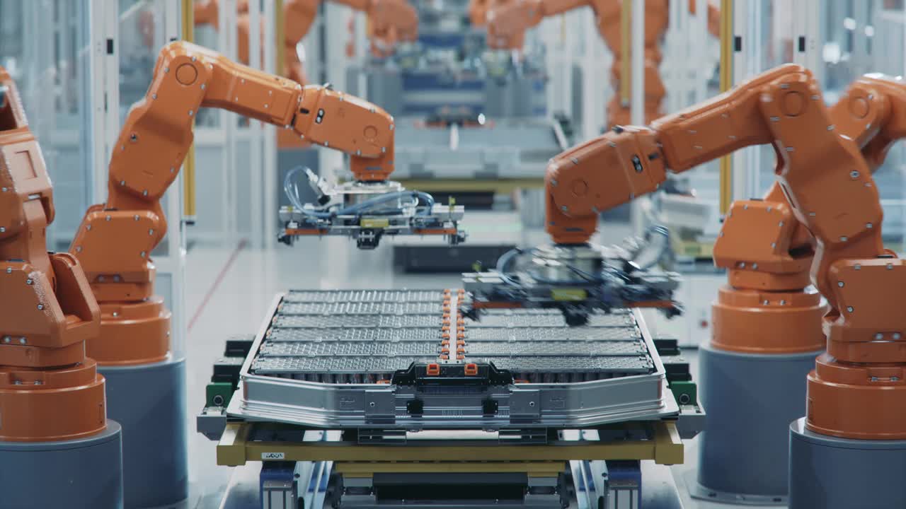 橙色机械臂自动化生产线的延时拍摄。用于汽车工业组装的电动汽车电池组。电动汽车智能工厂。配备机械臂的电池生产线视频下载