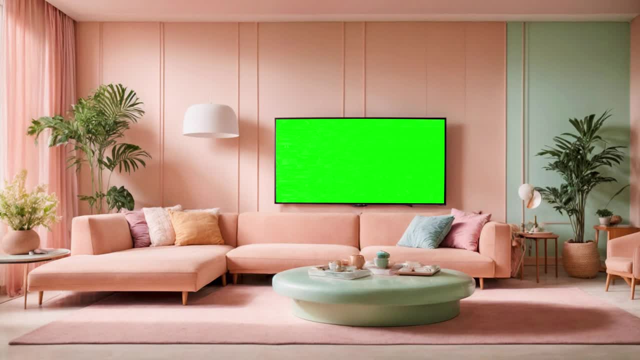 动画插图故障/错误的电视屏幕或显示器与绿色背景/色度键背景放置在一个柔和的彩色客厅。视频下载