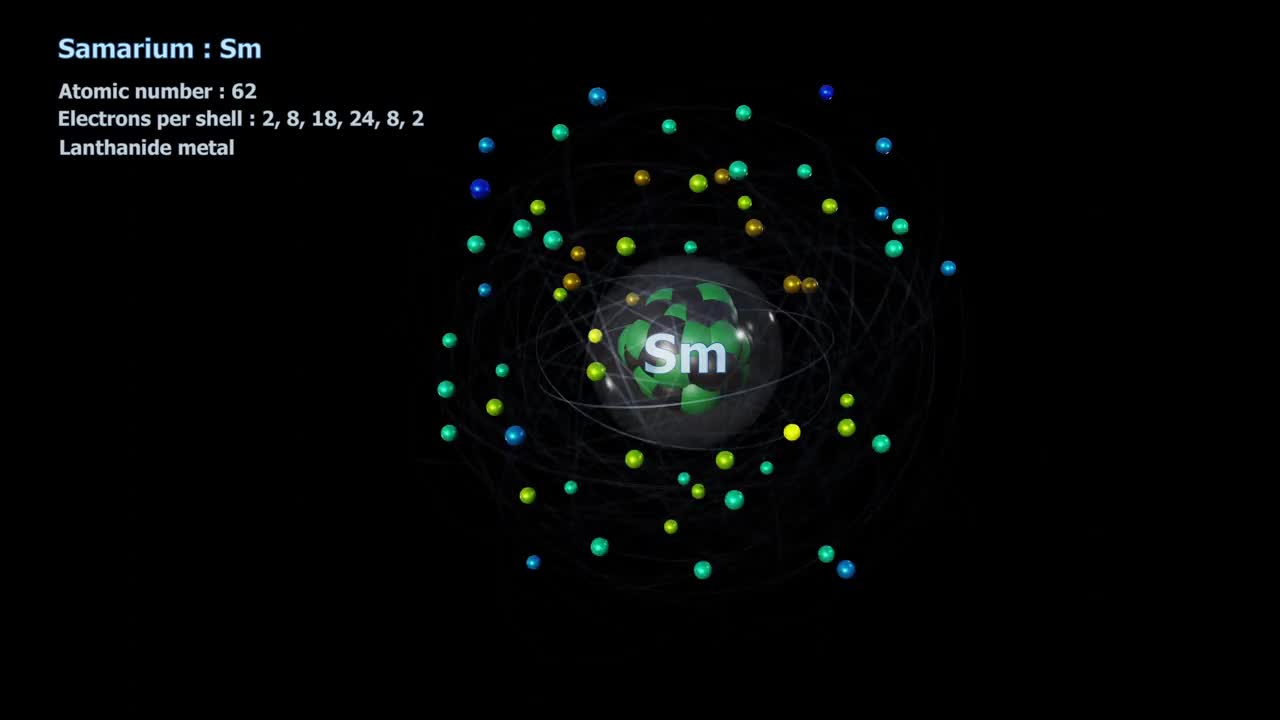 钐原子的62个电子在黑色轨道上无限旋转视频下载