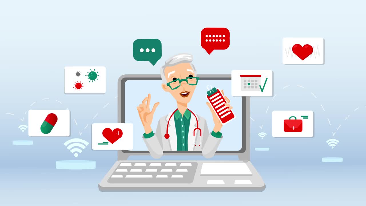提供远程医疗服务的老年女医生。随着技术的发展，每天都可以在线提供健康服务。健康app，轻病快速解决方法。二维动画。循环。视频下载