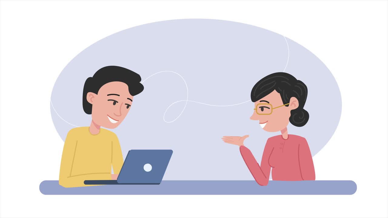 一个男人和一个女人正在交换意见，聊天。年轻的上班族在电脑上工作。4 k决议。视频下载
