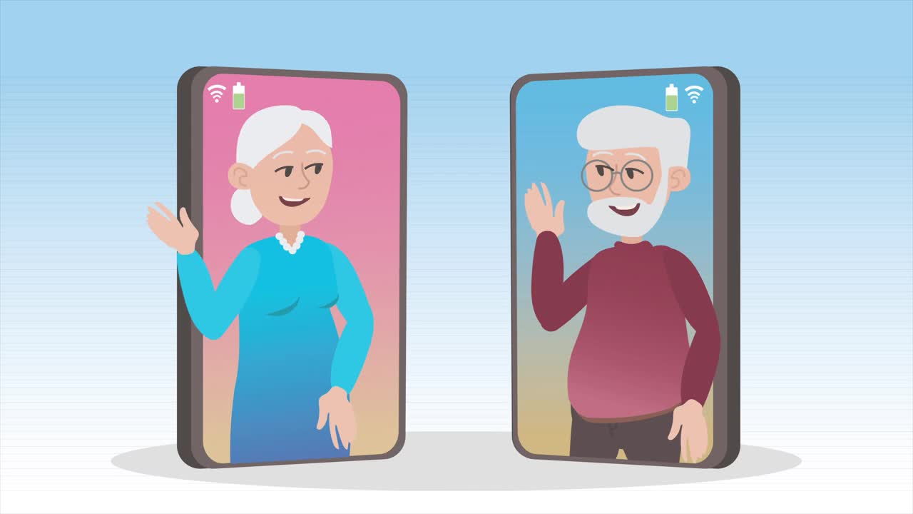 老夫妇通过手机应用进行视频通话。老人在网上和妻子聊天。4 k决议。视频下载