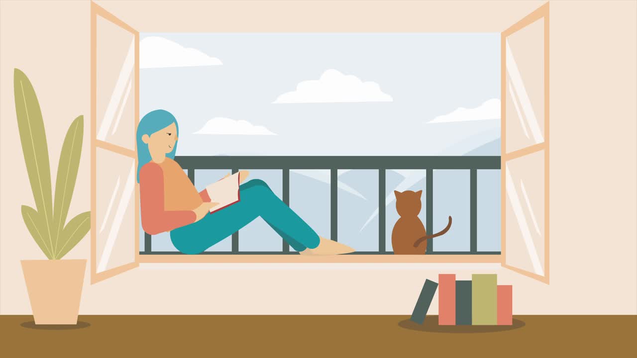 一个女孩和她的猫坐在窗台上。二维动画。那个女孩和他的猫坐在窗台上。4 k决议。视频下载