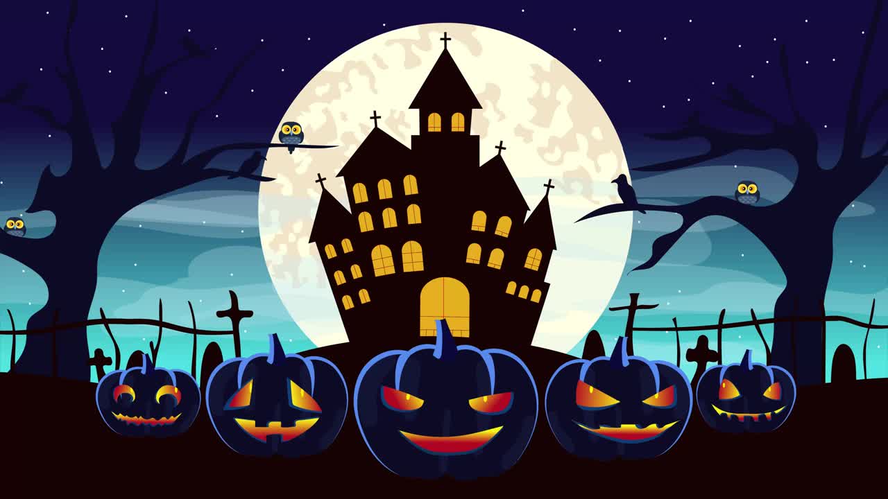 İt的万圣节之夜，有邪恶的南瓜、蝙蝠和一个闹鬼的城堡作为背景，还有满月。2d动画，万圣节4K分辨率。视频下载