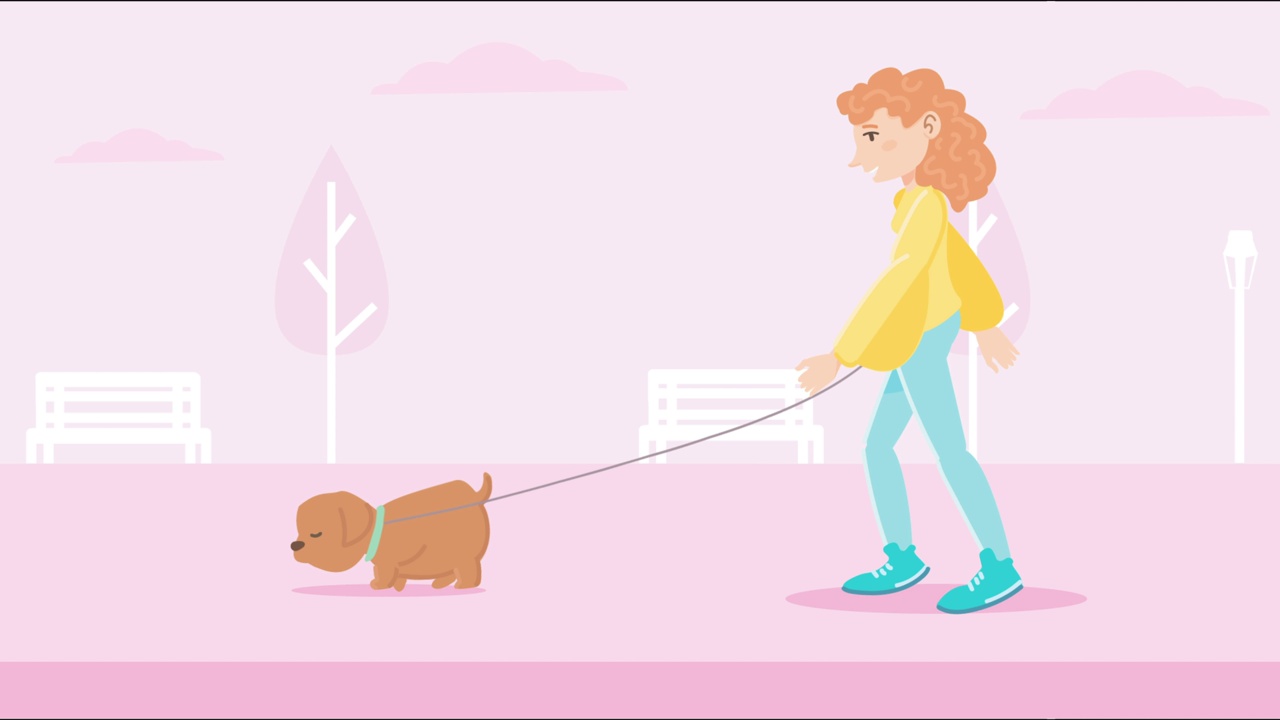 遛狗的女人。户外活动概念。
年轻女子在公园遛狗的2d动画。4 k决议。视频下载