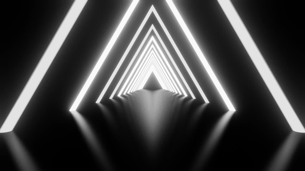 抽象背景霓虹灯发光三角形隧道与黑白复古光线移动。背景是霓虹灯的未来走廊。无缝循环3d渲染，现代霓虹灯视频下载