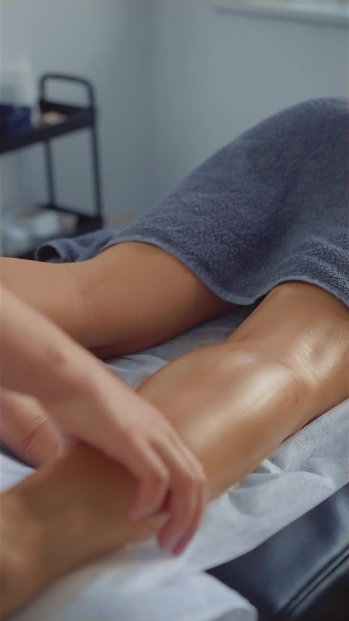 在美丽的温泉沙龙里，年轻苗条的女子正在接受腿部按摩治疗。垂直方向视频视频下载