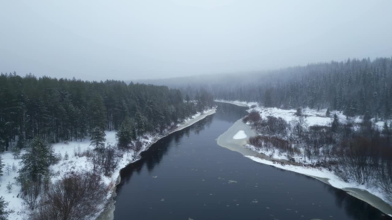 无人机镜头飞过结冰的河视频下载