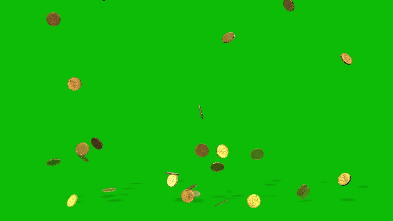 发光的金币从画面顶部落在绿色的屏幕上，伴随着阴影跳跃，3D动画。视频下载