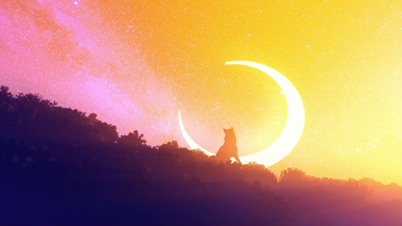 一只德国牧羊犬站在绿色的小山上，面对着炽热的新月和星空视频下载