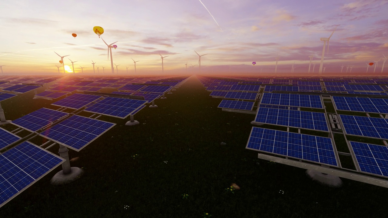 太阳能电池板农场，远处有风力涡轮机，日出时升起的热气球，4K视频下载
