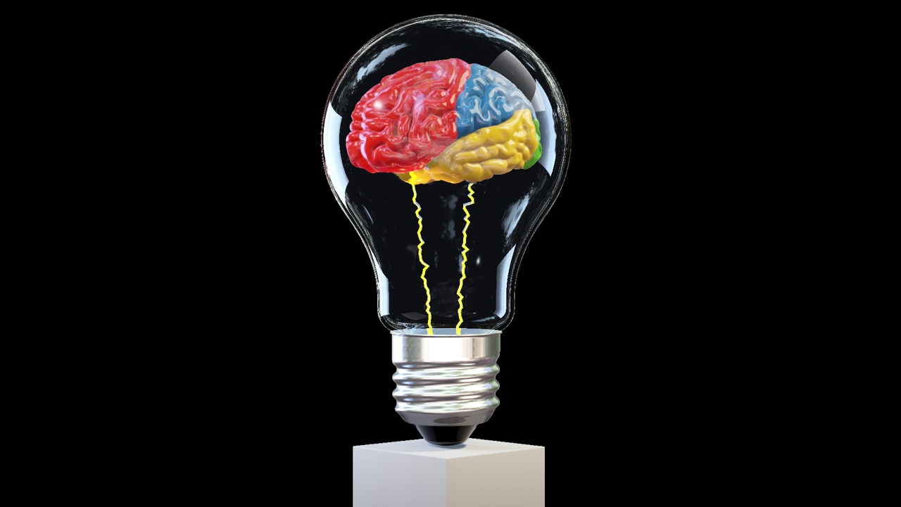 彩色3d大脑在灯泡内旋转，伟大的思想概念，循环，Alpha通道视频下载