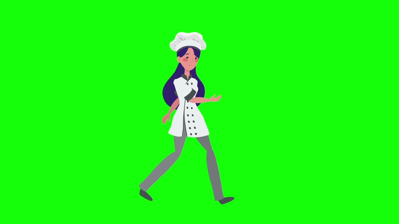 女厨师，行走动画。人物2D人物卡通动画。色度键变化透明背景。2D循环动画。色度键。视频下载
