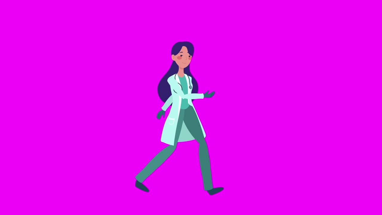 行走动画公司的女医生。人物2D人物卡通动画。色度键变化透明背景。2D循环动画。视频下载