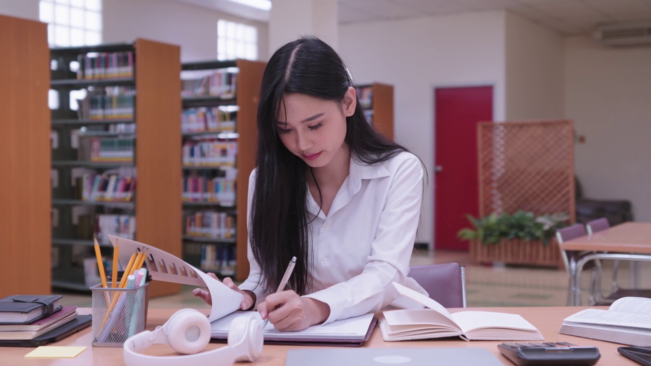 年轻的亚洲女大学生在大学图书馆积极读书，学习，研究，总结课程，准备考试。专注于学术探索和考试准备视频下载
