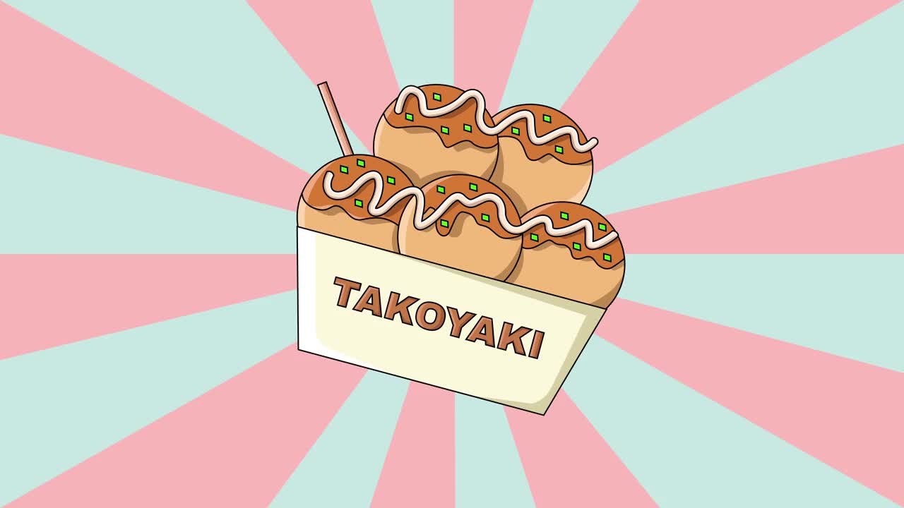 动画典型的日本食物章鱼烧图标与旋转的背景视频下载