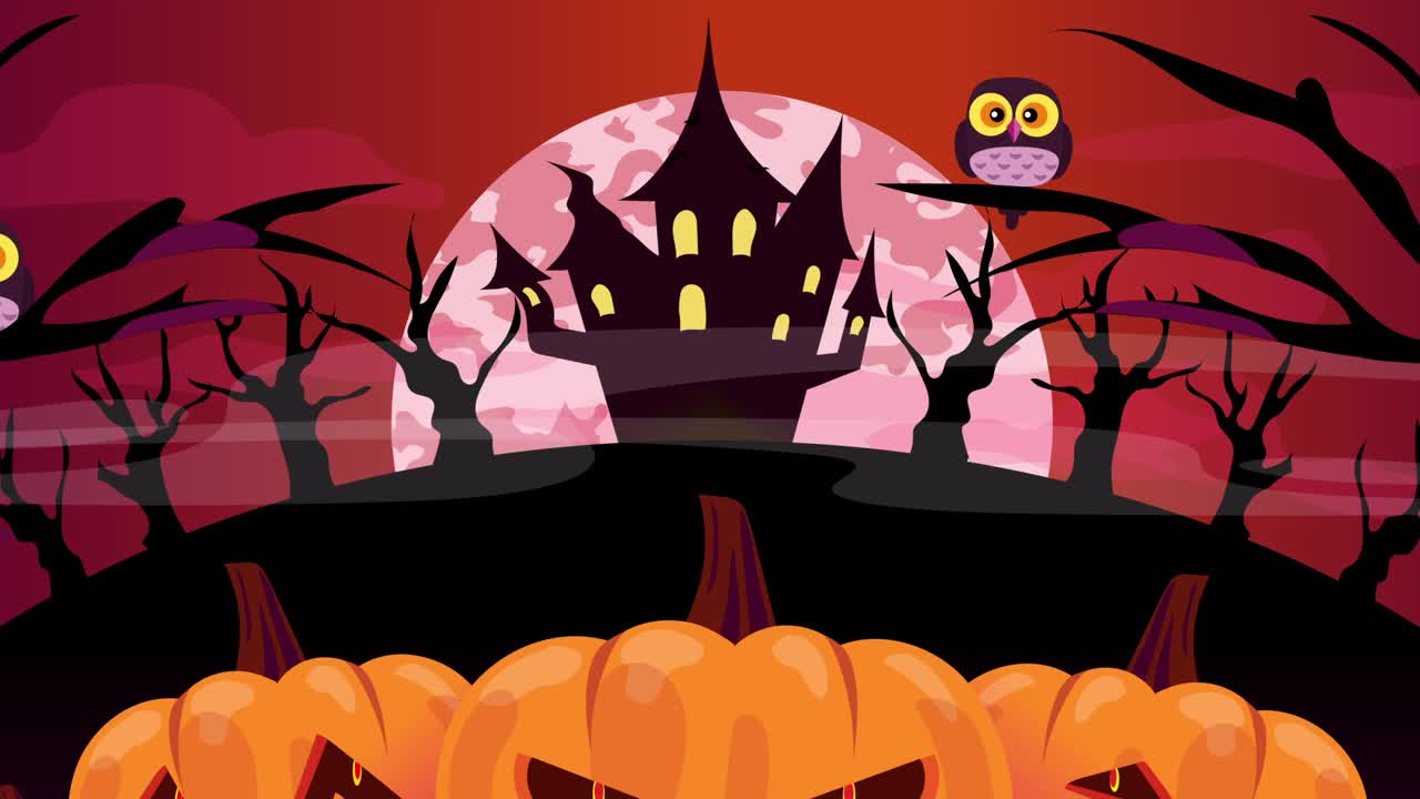 İt的万圣节之夜，有邪恶的南瓜、蝙蝠和一个闹鬼的城堡作为背景，还有满月。2d动画，万圣节4K分辨率。视频下载