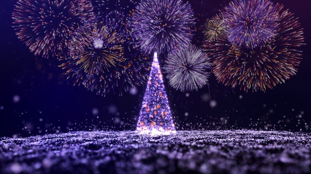 圣诞发光粒子树的背景。烟花的背景。视频下载