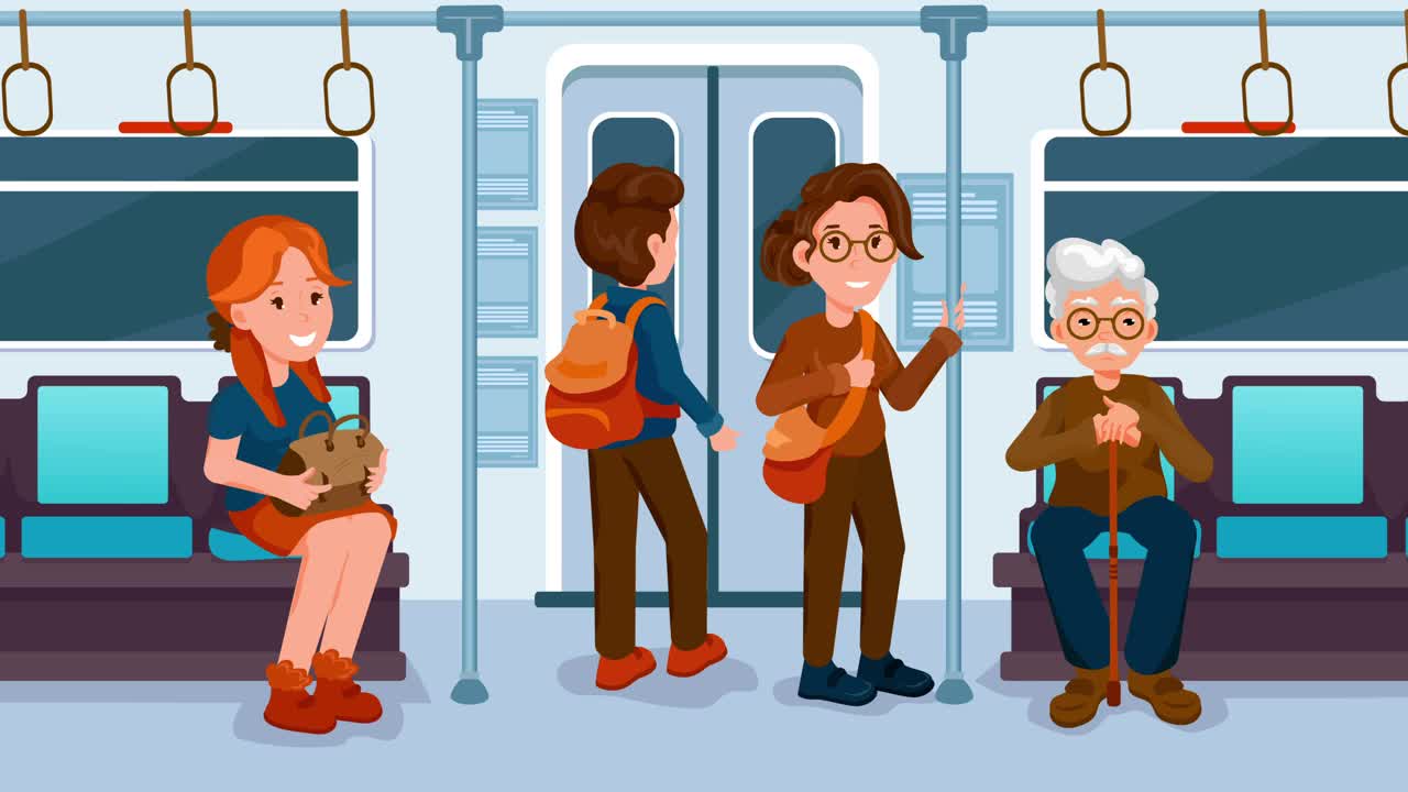 一群群不同年龄层的人坐火车旅行，脸上洋溢着快乐的表情。铁路系统如火车、地铁和城市交通的舒适概念。4 k决议。视频下载
