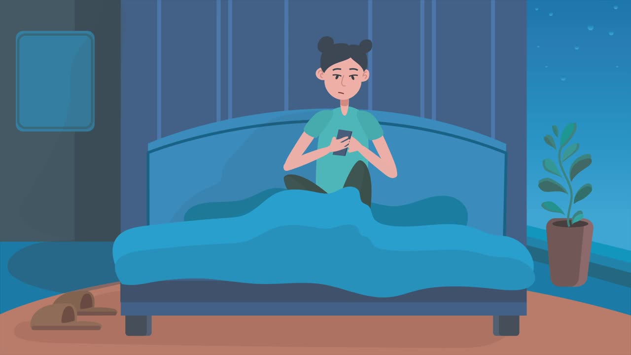 在动画中，一个小女孩坐在床上发2D动画，视频下载