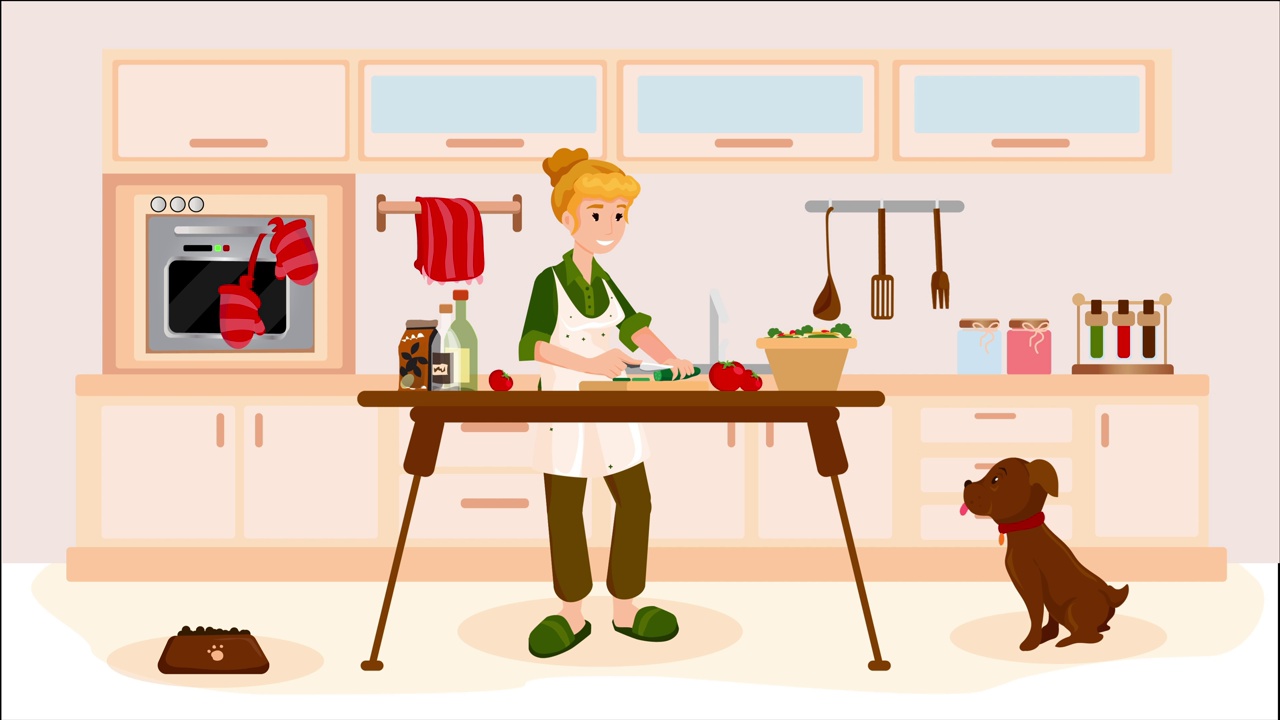 快乐的家庭主妇在厨房里准备食物。生活方式的概念，比如家庭生活，家务。食物准备概念。二维动画。视频下载