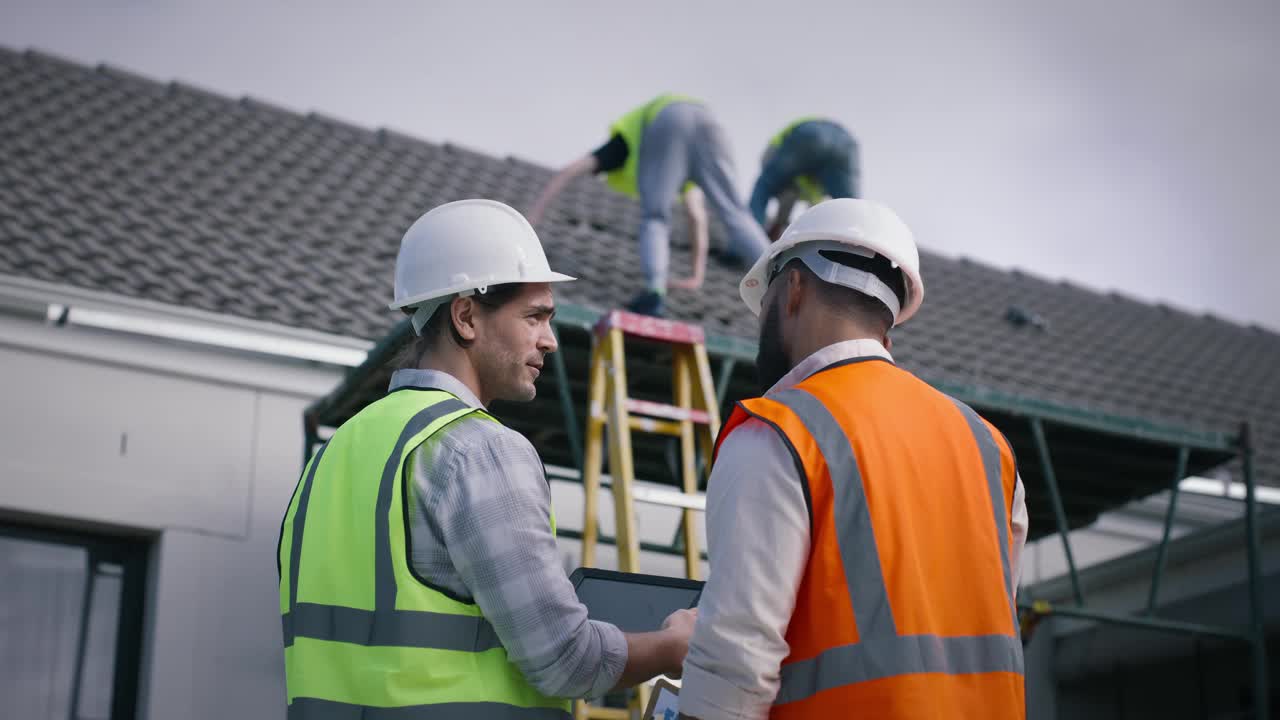 房屋，屋顶和建筑工人，团队或人们谈论维护，翻新或建筑建筑基础设施。建筑师合作，工程师回来和男人规划家庭项目视频素材