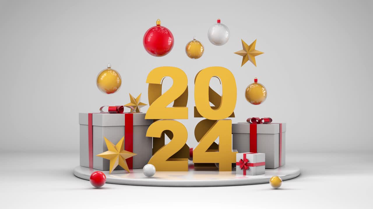 2024年新年有礼盒、球和星星。3D渲染动画视频购买