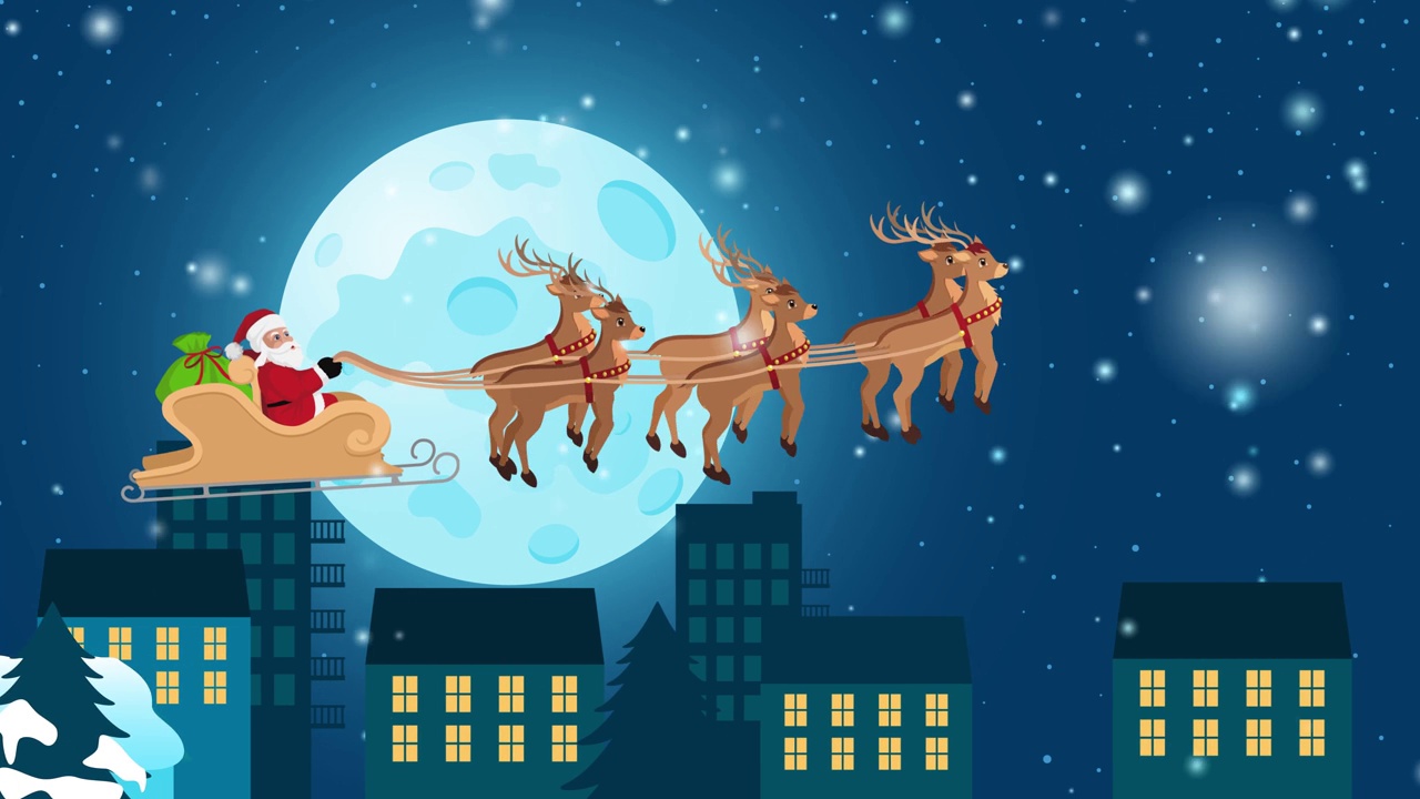 圣诞卡通圣诞老人雪橇驯鹿镇视频下载