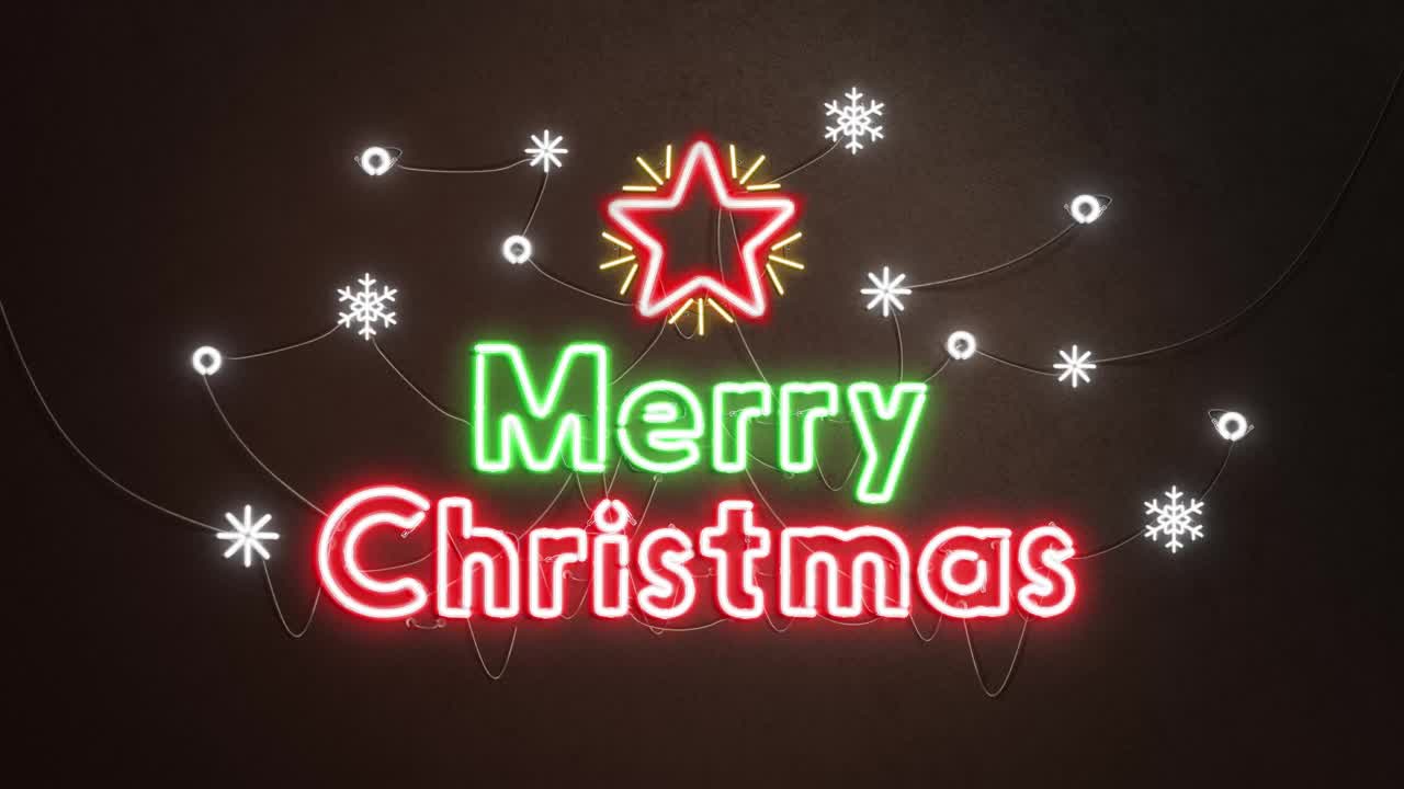装饰标志与圣诞快乐霓虹灯在黑暗的墙壁视频下载