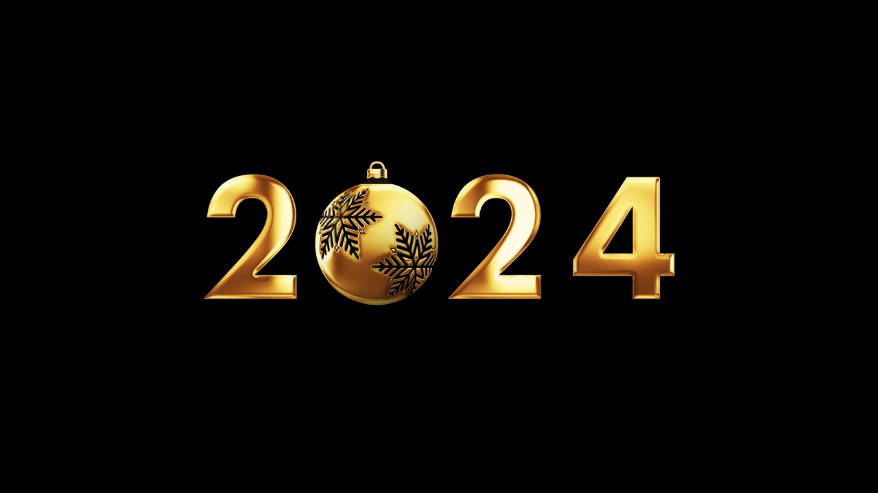 新年快乐2024金色发光文字与圣诞雪球装饰效果动画黑色背景。隔离与alpha通道快速时间证明444。视频素材