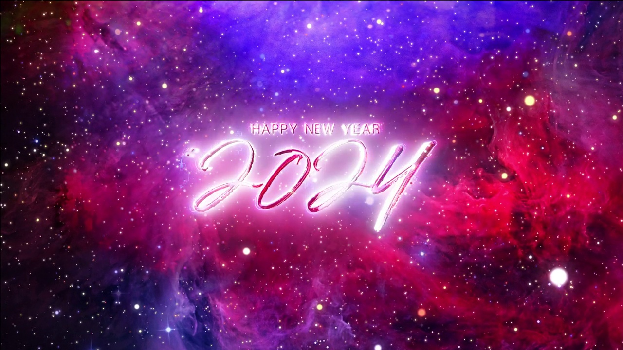 2024新年快乐发光霓虹粉红色文字光运动效果与蓝粉色超空间电影标题预告动画抽象背景。视频下载