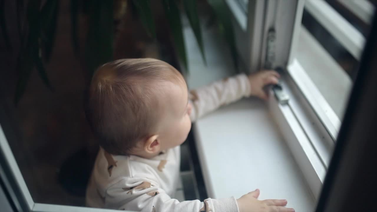 男婴透过窗户探索世界视频下载