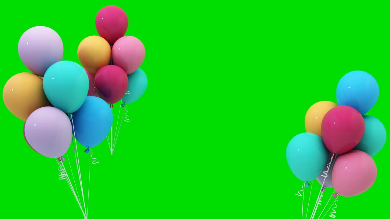 绿色屏幕上的彩色气球用于装饰、节日、庆祝活动或新年活动。气球慢慢地上下浮动和旋转。3d渲染动画4k视频下载