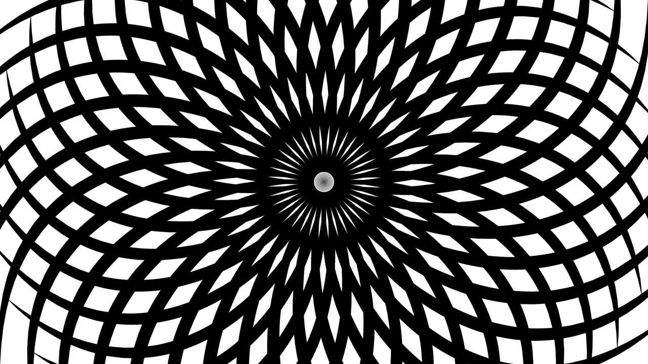 迷幻扭曲的圆圈。黑白相间的圆形条纹。旋涡旋转催眠效果，视错觉。视频素材