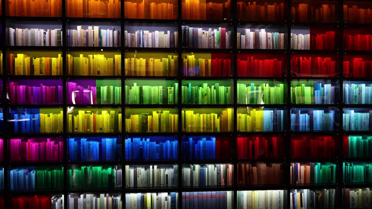 在图书馆的彩色书架上阅读手册和教科书视频下载
