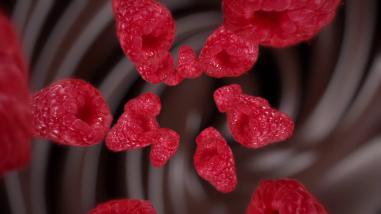 树莓在巧克力液体中盘旋和下落视频素材
