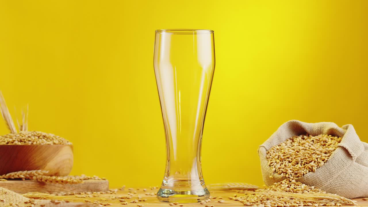 泡沫啤酒在玻璃特写。酒精金色啤酒杯喝。新鲜的淡色麦酒，黄色背景和小麦。视频下载