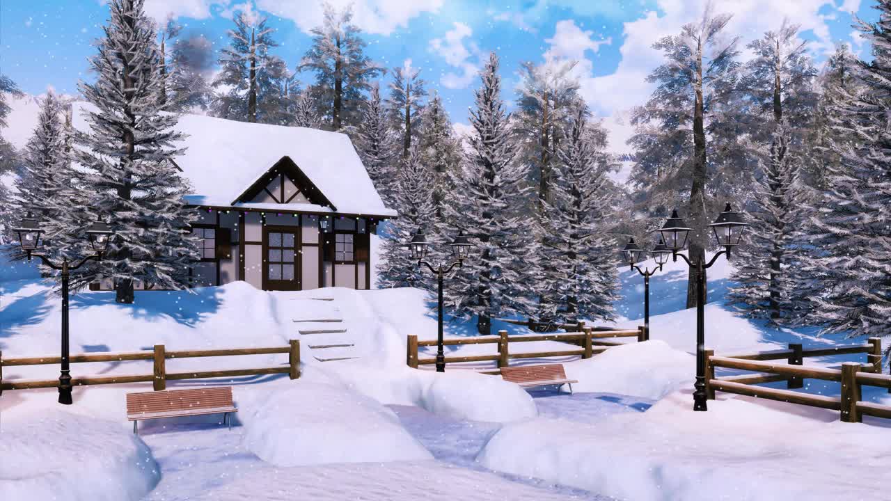 舒适的半木制山间小屋在下雪的冬日视频素材
