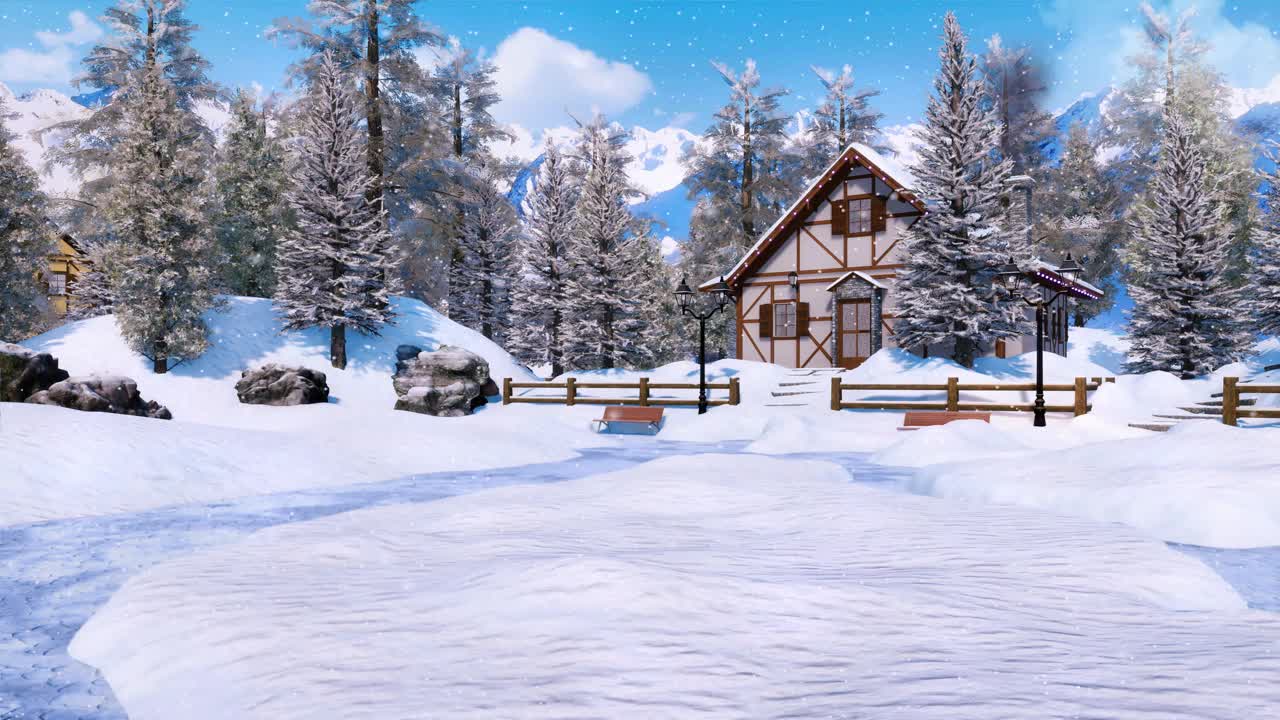 在下雪的冬日，舒适的雪山小屋视频下载