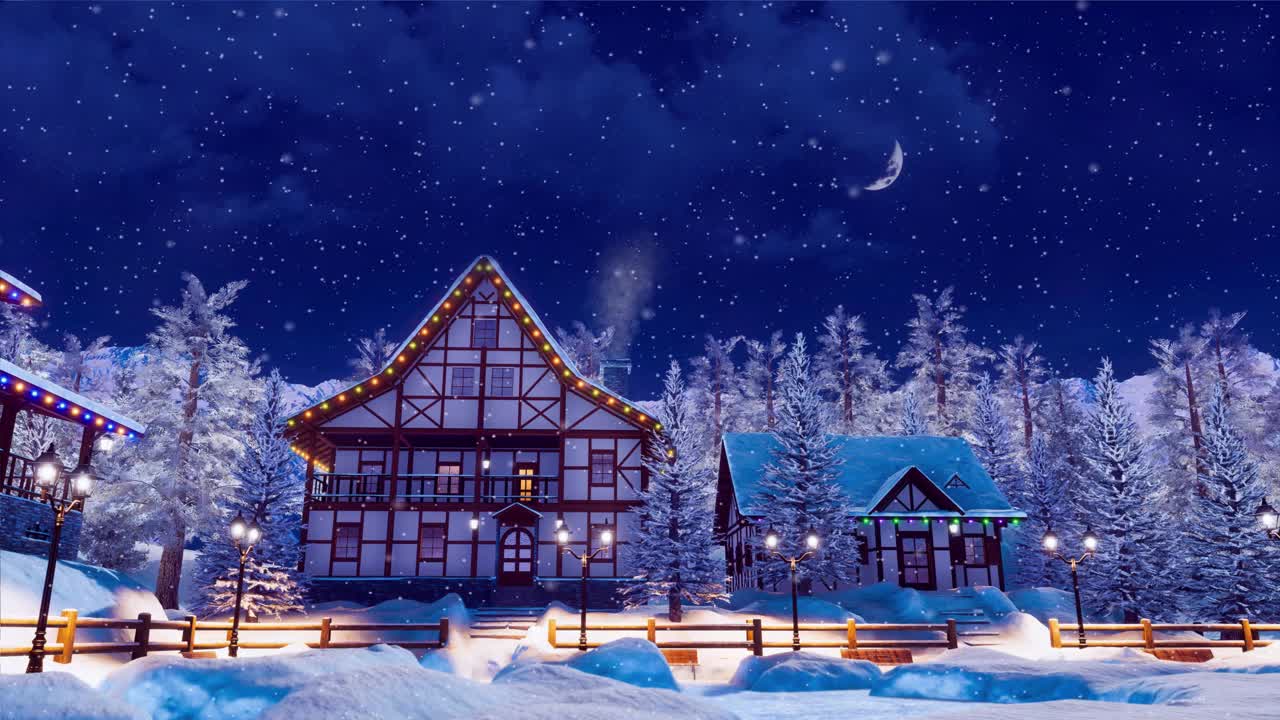 雪山小镇在下雪的冬夜视频下载