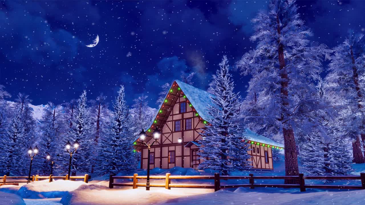 在下雪的冬夜为圣诞节装饰的山间小屋视频素材