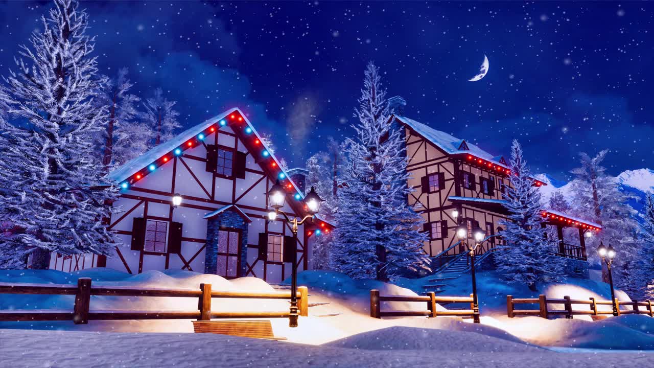 在下雪的圣诞夜，山村灯火通明视频下载