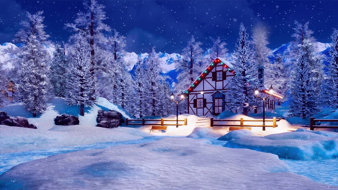圣诞雪夜，山间小屋灯火通明视频素材