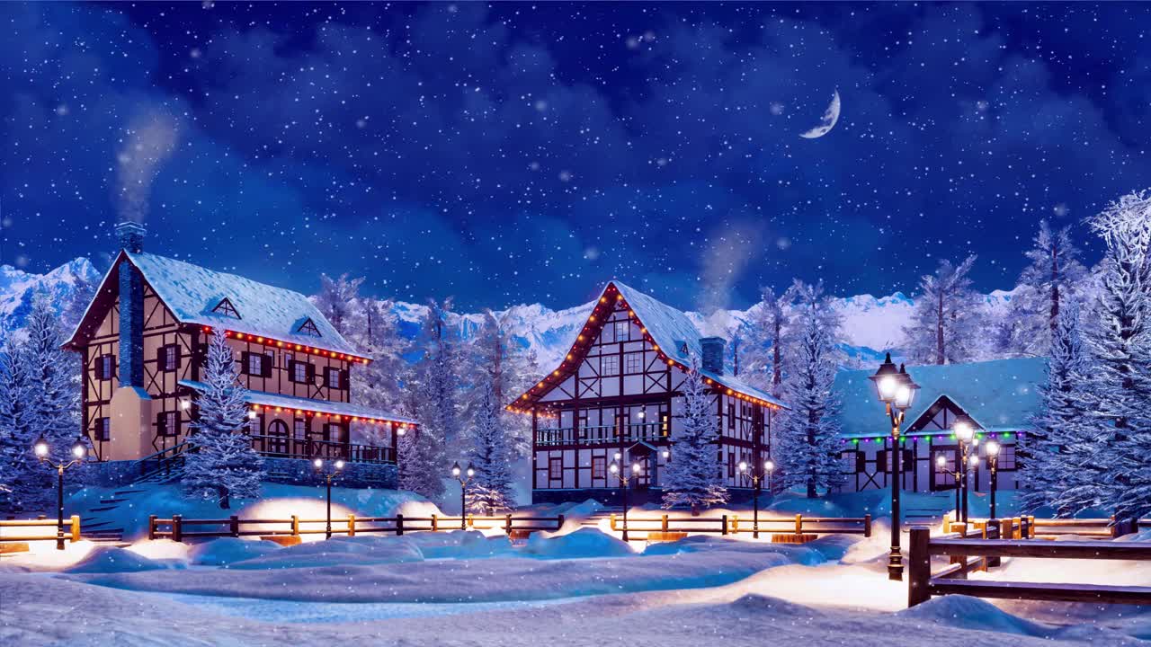 在下雪的冬夜为圣诞节装饰的山城视频素材