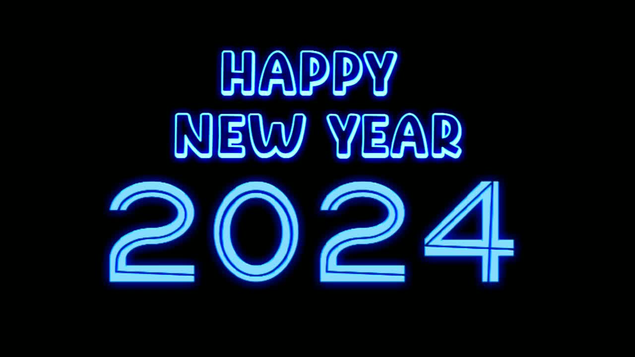 霓虹蓝色新年快乐2024文本动画运动图形黑色背景。发光发亮为新年现代理念视频购买