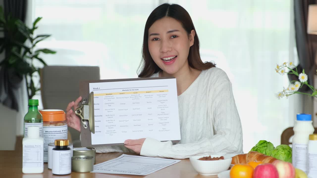 年轻的亚洲女性营养学家给她的客户建议健康的食物菜单，以计划膳食视频下载