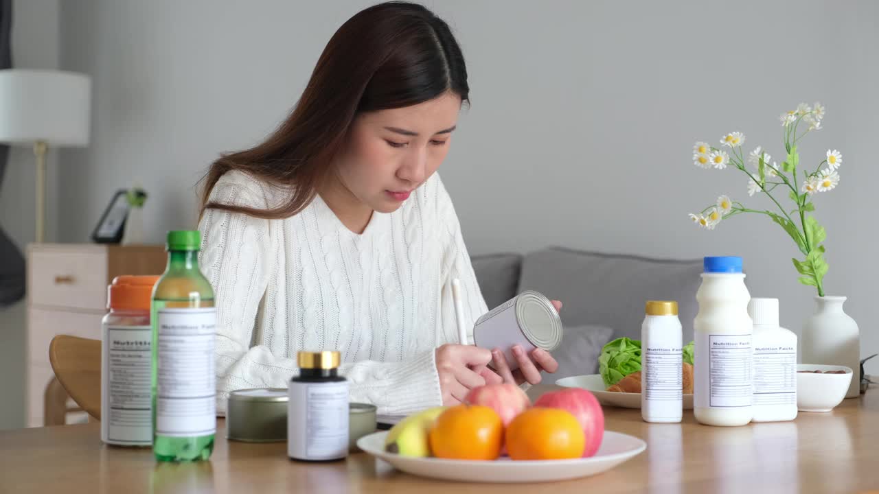 年轻的亚洲女性营养师阅读食品包装上的营养成分标签，并将数据写在数码平板电脑上，为客户提供健康饮食建议视频下载
