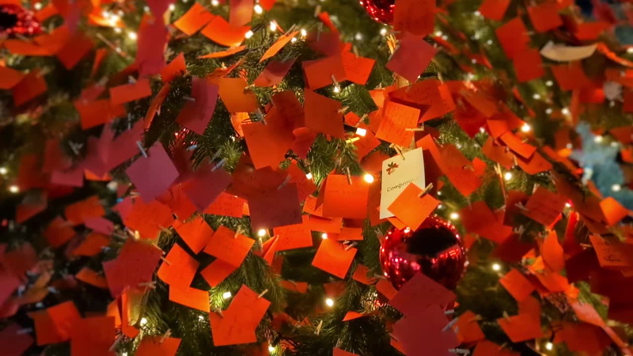 圣诞节和新年的外部装饰。绿色的树上装饰着红色的音符和球，闪烁的花环，明亮的灯。圣诞树。温馨的圣诞气氛。顶部有一颗白星。4 k视频下载