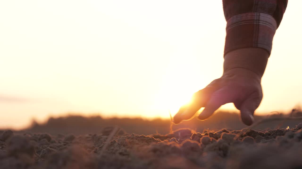 近距离拍摄的农民在日落时分用手捧着尘土飞扬的土地视频素材