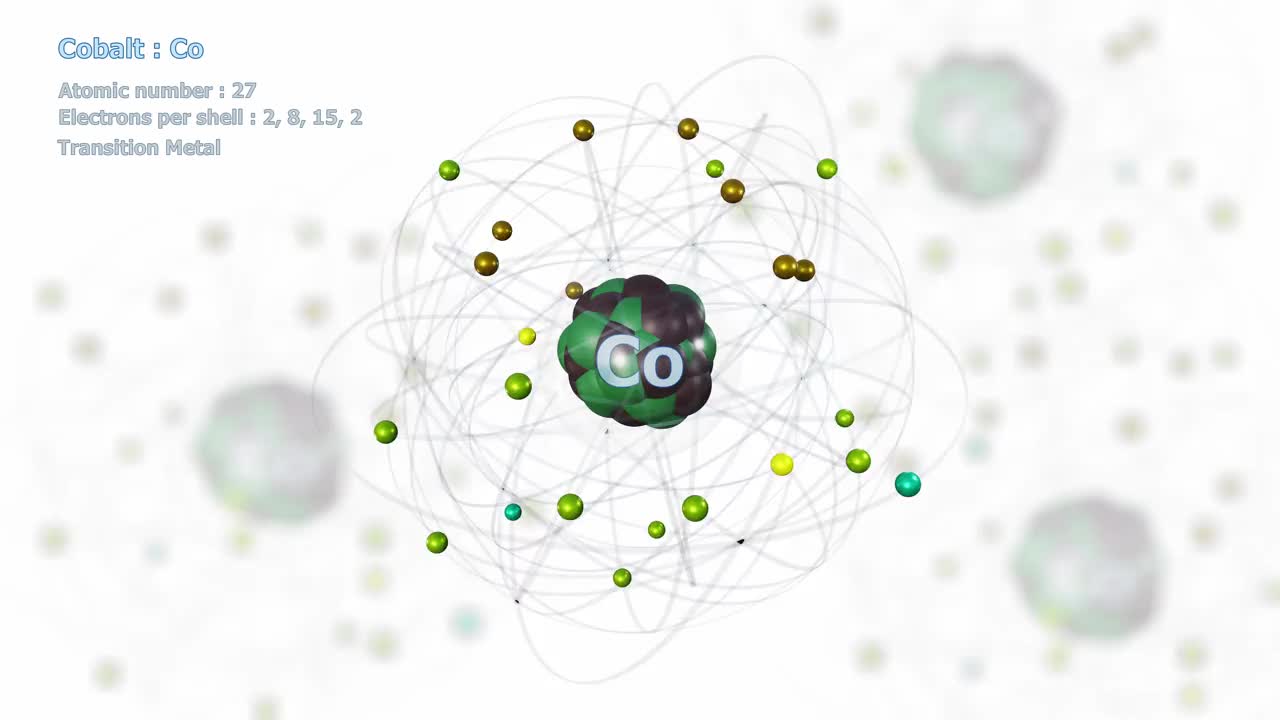 有27个电子的钴原子在白色上与其他原子无限旋转视频下载